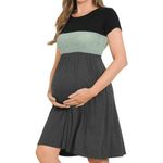 Bearsland Women’s Short Sleeve Maternity Dress Patchwork Pregnancy Dress with Pocket, Light Green, M