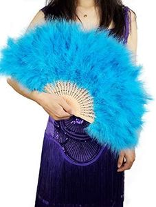 HAPPY FEATHER Handheld Marabou Feather Fan, 1920s Vintage Style Flapper Hand Fan for Costume Party and Dancing-Acid Blue
