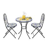 Alpine Corporation Indoor/Outdoor Marbled Glass Mosaic 3-Piece Bistro Set Folding Table and Chairs Patio Seating, Blue