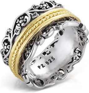 Paz Creations 925 Sterling Silver Spinner Ring/Fidget Ring/Anxiety Ring - 925 Sterling Silver Rings for Women, Stylish Boho Ring (14K Yellow Gold Plated, Size 10)