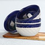 The Earth Store Studio Pottery Dual Tone White Blue Ceramic Snack Bowls Set of 4 for Serving Pasta, Noodle, Maggi, Cereal Microwave Safe Salad Bowl, Mixing Bowl for Snacks (450ml Each)