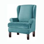 Aedlcal Wingback Chair Slipcovers 2 Piece Stretch Velvet Wingback Chair Cover with Cushion Cover Spandex Wing Chair Slipcover Full Protection Armchair Sofa Covers for Living Room Bedroom (Blue)