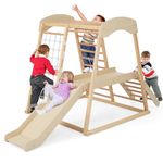 Costzon 6-in-1 Indoor Jungle Gym, Large Size Montessori Climbing Toys for Toddlers with Monkey Bars, Slide Ramp, Climbing Net, Wooden Playground Climber Playset for Kids Presents