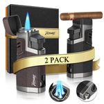 Tesonway Cigar Lighter, 2 Pack, Quad Jet Flame Torch Lighter, Refillable Butane Lighters with Cigar Punch, Multifunctional Windproof Adjustable Butane Torch Lighter - Butane Not Included