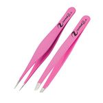 Tweezers Set of 2 – Slant Tip and Pointed Eyebrow Tweezers Set Best for Ingrown and Splinted Hair Blackhead Tick Remover Tools for Your Daily Beauty Routine (Neon Pink)