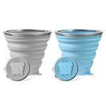 CYMYGS 2 Pack Silicone Foldable Cups, 320ml Collapsible Cup, Portable Collapsible Travel Mugs with Plastic Sealing Lid, Reusable Retractable Cups for Outdoor Traveling Camping Picnic(Blue and Grey)