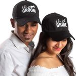 AICA Bride & Groom Cotton Cap for Men and Women – Black & Black, Adjustable Strap, Free Size (Pack of 2)