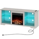 Rolanstar Fireplace TV Stand with Led Lights and Power Outlets, TV Console for TVs up to 65", Entertainment Center with Adjustable Glass Shelves, Ivory White