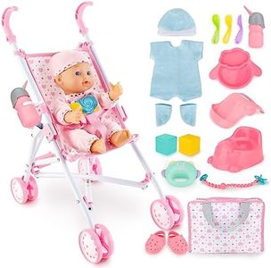 deAO Baby Doll Stroller Set with 13 inch Doll,Kids Play Stroller Toys,13" Baby Doll Set with Foldable Doll Stroller,18 PCS Baby Doll Accessories with 2 Sets Doll Clothes