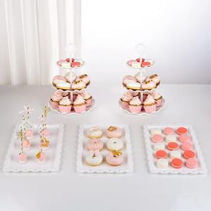 NWK 5 Piece Cake Stand Set with 2xLarge 3-Tier Cupcake Stands + 3X Appetizer Trays Perfect for Wedding Birthday Baby Shower High Tea Stands Party Suplies（Round)