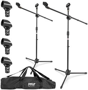 Pyle Universal Adjustable Tripod Microphone Stand - Pair of Heavy Duty Lightweight Professional Compact Extendable Stage Studio Floor Standing Boom Mic Holder w/ Carry Bag, 5/8" Adapter - PMKSKT35