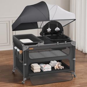 ANGELBLISS Baby Bassinet Bedside Crib, 5-in-1 One-Push Instant Fold Pack and Play with Changing Table, Napper Bassinet, Mattress & Mosquito Net, Portable Playard for Newborns to Toddlers