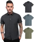 INTO THE AM 3 Pack Casual Button Up Shirt Essential Short Sleeve Button Down Shirts - Stylish Business Casual Dress Shirt (Black Heather/Indigo/Olive Green, Small)