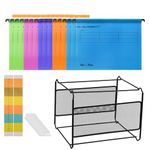 MerryNine Suspension Files and Frame, A4 Suspension Files 15PCS 5 Color with Tabs and Card，Black Metal Mesh A4 Suspension File Frame Desktop Hanging File Folder Organiser