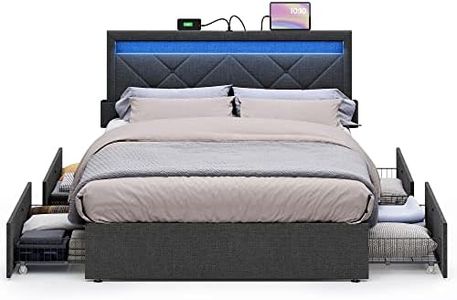 VASAGLE LED Bed Frame Full Size with Headboard and 4 Drawers, 1 USB Port and 1 Type C Port, Adjustable Upholstered Headboard, No Box Spring Needed, Dark Grey URMB822G71