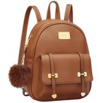 KKXIU Girls Small Backpack Purse Vegan Leather Mini Bookbag for Women Cute Teen Pompom Daypack, Brown, Small, Backpack