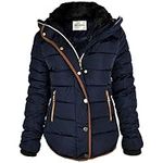 Fashion Thirsty Womens Ladies Quilted Winter Coat Puffer Faux Fur Collar Hooded Jacket Parka New Size (UK 14, Navy Blue/Brown Trim)