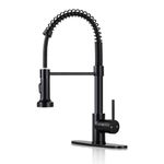 DJS Kitchen Faucets with Pull Down Sprayer, Faucet for Kitchen Sink, Brass Black Single Handle Single Lever High Arc Spring Faucet with Deck Plate for 1 or 3 Holes Sinks. (Matte Black)