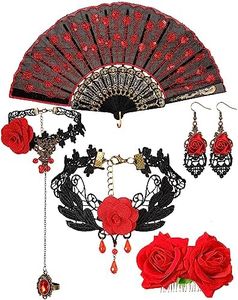 BBTO 5 Pcs Halloween Flamenco Accessories Women Rose Flower Costume Necklace Bracelet Earring Jewelry and Embroidered Sequins Fabric Folding Fan Set for Party Decor Women Costume Party, red sequins,