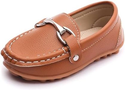 Femizee Kids Loafers Slip On Driving Shoes – PU Leather Dress Moccasins for Boys Girls School Uniform Wedding Party Shoe Size 10 Toddler Bit Loafer Light Brown 308 28
