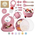 O'doe 17-Piece BPA-Free Silicone Baby Feeding Set | Thick & Soft Suction Plates, Baby Food Bowl, Wooden Fork & Spoon, and More | Make Mealtime Fun and Easy for Your Little One | Rose Pink V2