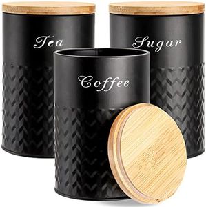 Bekith 3 Pack Kitchen Canisters with Bamboo Lids, Airtight Metal Canister Set, Food Storage Containers Jars for Coffee, Sugar, Tea, Flour, Rustic Farmhouse Decor, Black