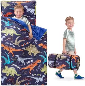 JOIEDOMI Toddler Nap Mat with Removable Pillow and Minky Blanket 55''x35'' Kids Sleeping Bag for Boys and Girls Ages 3-6 Roll Up Soft Nap Mats for Preschool Kindergarten Colorful Dinosaur Large