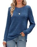 Odosalii Womens Tops Jumpers 2024 Long Sleeve Round Neck Solid Color Striped Knitted Lightweight Casual Tunic Tops to Wear with Leggings Navy Blue