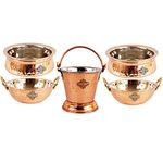 Indian Art Villa Steel Copper Serving Set Including 1 Bucket, 2 Handi, 2 Kadai, Serveware & Tableware Set, Set of 5, Polka Dot