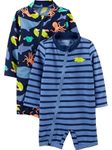 Simple Joys by Carter's Baby Boys' 2-Pack 1-Piece Zip Rashguards One Swimsuit, Navy Sea Friends/Purple Stripes, 3-6 Months (Pack of 2)