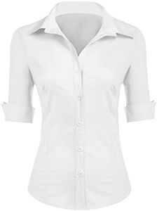 Zeagoo Blusa para mujer, corte ajustado, camisa de algodón, manga corta, blusa de oficina, manga 3/4, cuello de pico, camiseta básica con botones, tallas XS-XXL, Blanco (una talla más pequeña para