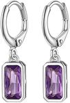 Suplight 925 Sterling Silver February Birthstone Hoop Dangle Earrings Emerald Cut Created Amethyst Crystal Drop Earrings for Women