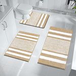 Pauwer Bath Mat Set of 3 Ultra Thick Bath Rug with Non-Slip Bottom Absorbent Bathroom Mats and Pedestal Mat Set Easy to Clean Machine Washable Toilet Rug (Beige)