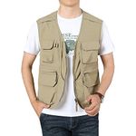 Perbai Men's Black Utility Fishing Vest Outdoor Summer Lightweight Work Photo Safari Cargo Vest, Khaki, Large