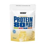 Weider Protein 80 Plus (500 g) Vanilla Flavor Multi-Protein Source: Casein, Milk Protein Isolate, Whey, Egg Albumin, Powder for Creamy Low Fat and Low Sugar Shakes, Delicious Taste