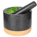 Kota Japan Large Granite Mortar and Pestle Natural Stone Grinder with Beech Wood Base for Spices, Seasonings, Pastes, Pestos and Guacamole