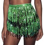 REETAN Boho Belly Skirt Sequins Belly Hip Scarf Tassel Fringe Skirt Rave Party Dance Performance Costume for Women and Girls, P-black With Green, 40 Short