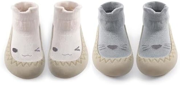 FABRST 2 Pairs Baby Sock Shoes Boys Girls Non Slip Soft Rubber Sole Slippers Toddler First Walking Shoes Infant Babys Slip-on Sneakers(Blue White Animal, 6-12Months)