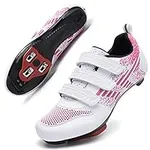 Unisex Road Bike Cycling Shoes Compatible with Peloton Shimano SPD Bike Riding Shoes for Men Women, 3 Straps, Pre-Installed Delta Cleats for Indoor Outdoor Cycling Biking Size 5.5 (White-Pink)