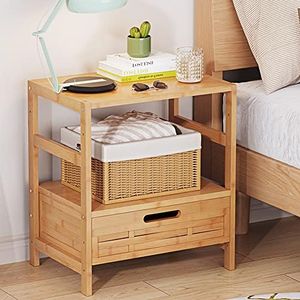 Baveke Bamboo Nightstand with Adjustable Drawer- Modern Bed Side Table for Open Storage, Wood Night Stand for Bedroom, Dorm, Sofa, Easy Assembly, Rustic Bedside Tables Multi Small Space Furniture
