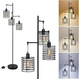 FIRVRE Modern Industrial Floor Lamps Round Black Metal Mesh 3 Light Floor Lamp for Living Room E27 Farmhouse Rustic Tall Standing Light for Bedroom Corner Office Dining Room Hotel Loft