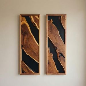 Modern Rustic Diptych Wall Art - 2 Panel Live Edge Olive Wood Set - Handmade Wooden Wall Decor - 24"x60"