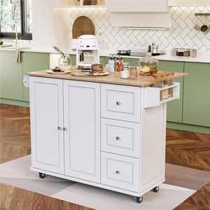 MFSTUDIO Rolling Kitchen Island on Wheels with Drop-Leaf, Mobile Kitchen Island Cart with 3 Drawers Storage Cabinet, Wood Countertop, Adjustable Shelf, Towel Bar and Spice Rack for Dining Room, White