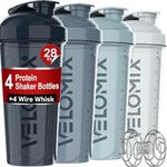 VELOMIX -4 PACK- 28 oz Shaker Cups for Protein Shakes - 4x Wire Whisk | Leak Proof Protein Shaker Bottles for Protein Mixes | Protein Shaker Bottle Pack | Mixer for Protein Shakes