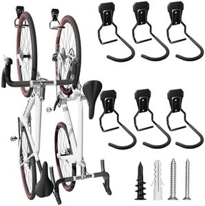 Wallavant Wall Mount Bike Hooks Bike Hooks for Garage Vertical Bike Hanger for Indoor Use Heavy Duty with 8mm Thick Steel Frame 6PCS Storage System Black