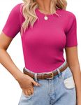 Zeagoo Short Sleeve Shirt for Womens Summer 2024 Crewneck Ribbed Knit Tops Basic T Shirt Teacher Clothes Hot Pink