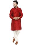 SKAVIJ Men's Traditional Art Silk Kurta with Churidar Pyjama Regular Fit Ethnic Pajama Set Red, L