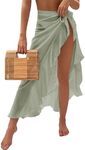 OYOANGLE Women's Mesh Sheer Swimsuit Cover Up Ruffle Tie Side Beach Sarong Wrap Long Skirt Light Green X-Large