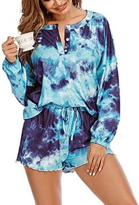 Veseacky Womens Plus Size Pajamas Set Lightweight Printed Long Sleeve Tops and Short Jogger Pants Dark Blue, XX-Large