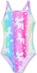 Nokecina Girls Swimsuits One-Piece Bathing Suits Multicolor Kids Sport Summer Beach Swimwear for 2-10 Years Old, Colorful Unicorn, 5-6 Years